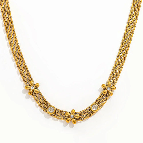 Joolim Jewelry 18K Gold Plated Waterproof Fashion Mesh Strap Five-Leaf Clear Zirconia Pendant Necklace Stainless Steel