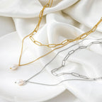 Joolim Jewelry PVD Plated Waterproof Elegant Pearl Pendant Double-Layer Paperclip Chain Necklace Stainless Steel Jewelry