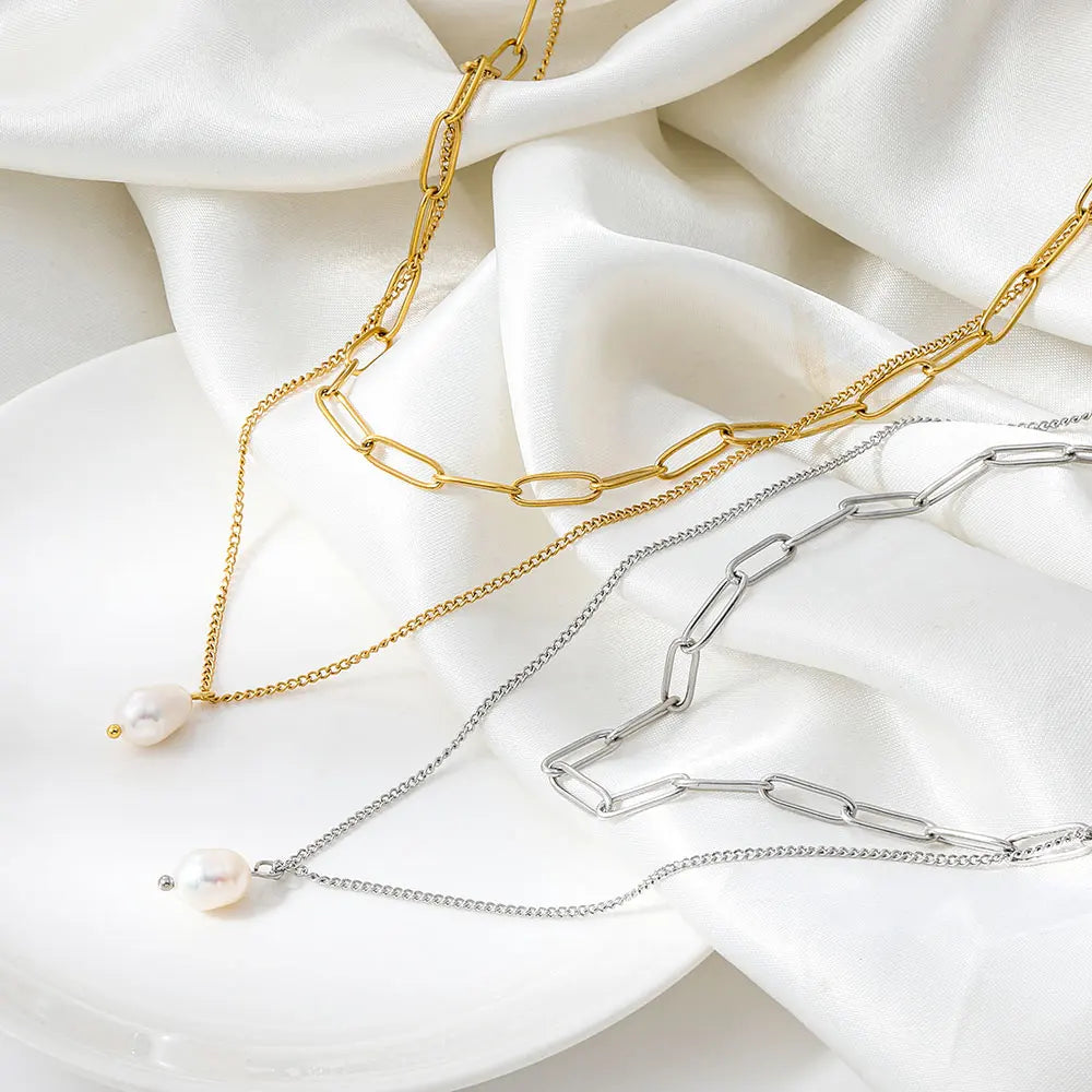 Joolim Jewelry PVD Plated Waterproof Elegant Pearl Pendant Double-Layer Paperclip Chain Necklace Stainless Steel Jewelry