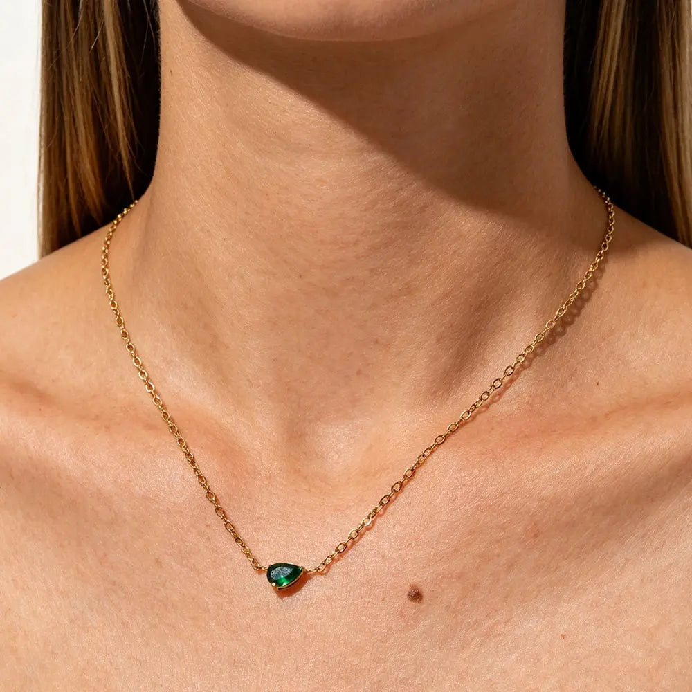 Joolim Jewelry PVD Plated Waterproof Fashion Pear Cut Green Zirconia Pendant Fine Cable Chain Necklace Stainless Steel Jewelry