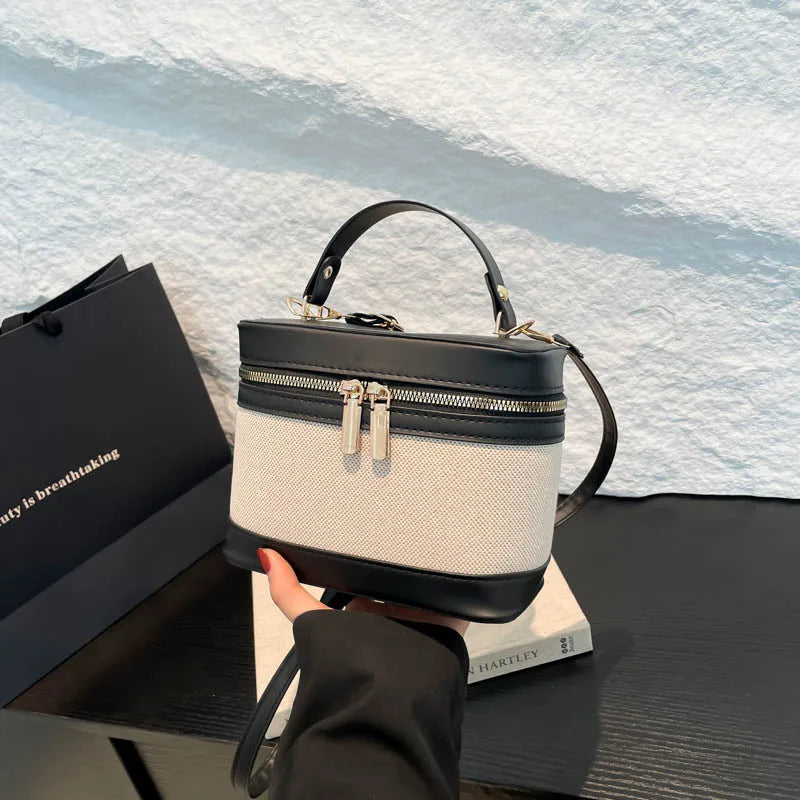 New Style High-Value PU Cylinder Bucket Bag Patchwork Contrast Color Crossbody Shoulder Bag Women'S Instagram Single Polyester