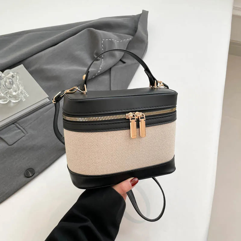 New Style High-Value PU Cylinder Bucket Bag Patchwork Contrast Color Crossbody Shoulder Bag Women'S Instagram Single Polyester