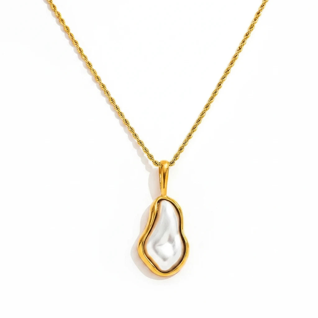 Joolim Jewelry 18K Gold Plated Waterproof Fashion Irregular Pearl Pendant Twisted Rope Chain Necklace Stainless Steel Jewelry