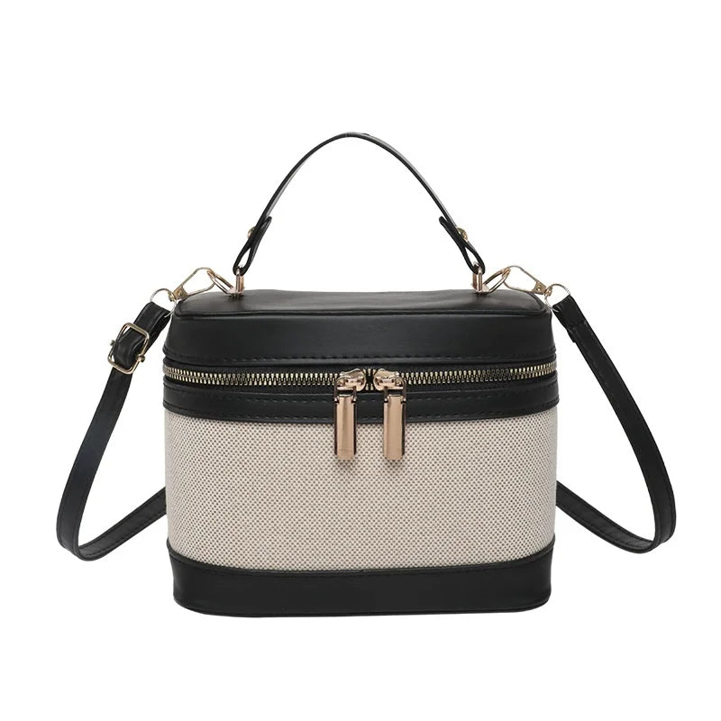 New Style High-Value PU Cylinder Bucket Bag Patchwork Contrast Color Crossbody Shoulder Bag Women'S Instagram Single Polyester