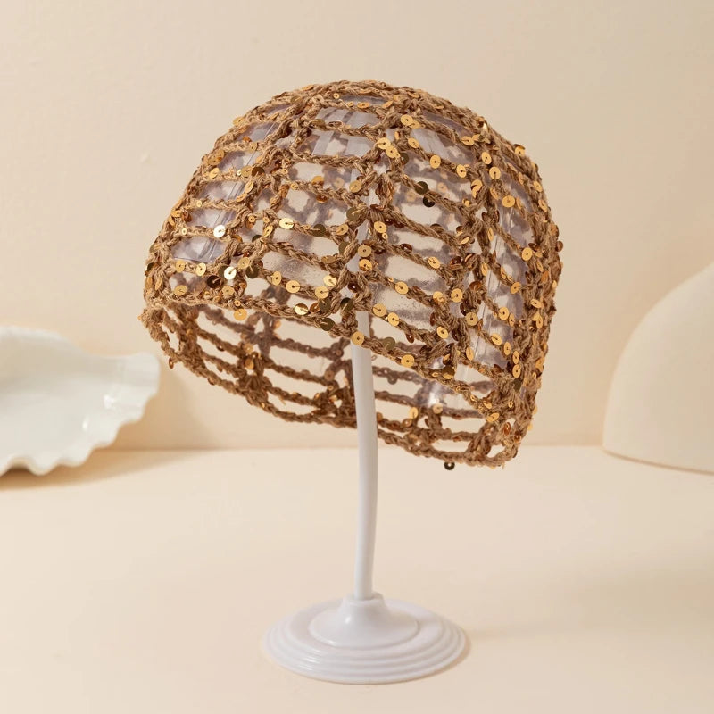 Fashion Vintage Sequined Hollow Pullover Hats Women Spring Summer Travel Photo Atmosphere Versatile Casual Y2K Knit Beanie Hat