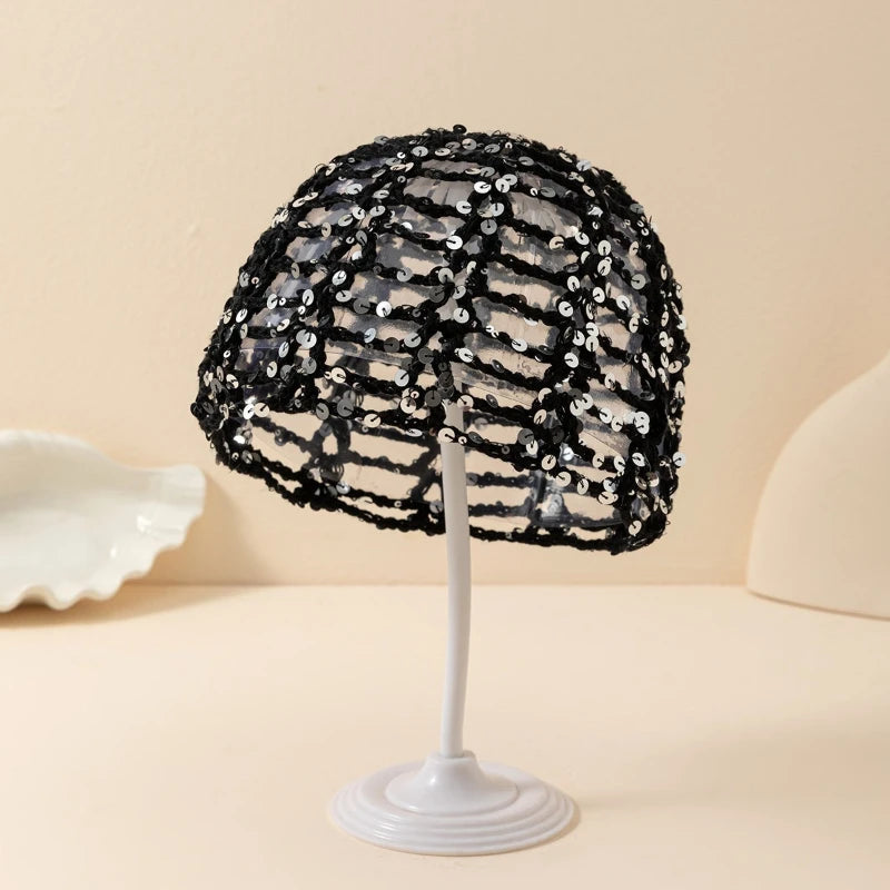 Fashion Vintage Sequined Hollow Pullover Hats Women Spring Summer Travel Photo Atmosphere Versatile Casual Y2K Knit Beanie Hat