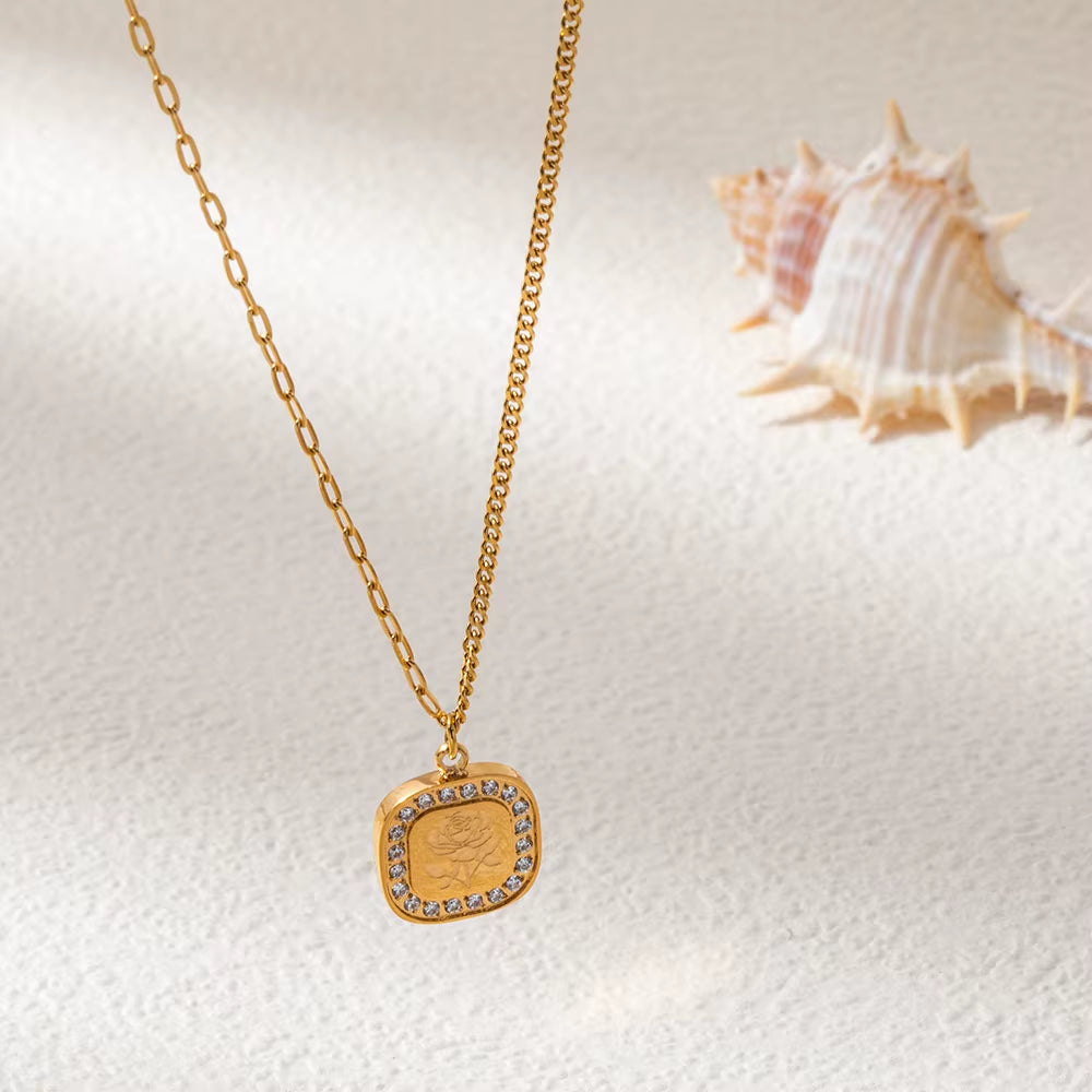 Joolim Jewelry 18K Gold Plated Waterproof Fashion Hand-Painted Rose Zirconia Square Pendant Necklace Stainless Steel Jewelry