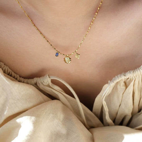Joolim Jewelry 18K Gold Plated Waterproof Fashion Shell Pearl Blue Zirconia Rhombus Pendant Necklace Stainless Steel Jewelry