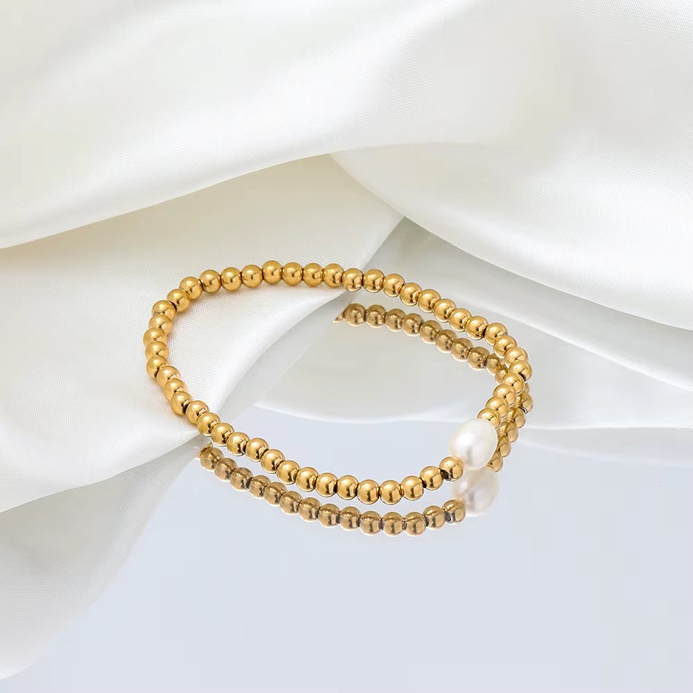 18K PVD Stainless Steel Gold Pearl Bead Bracelet Elastic Stainless Steel Gold Bracelet for Women