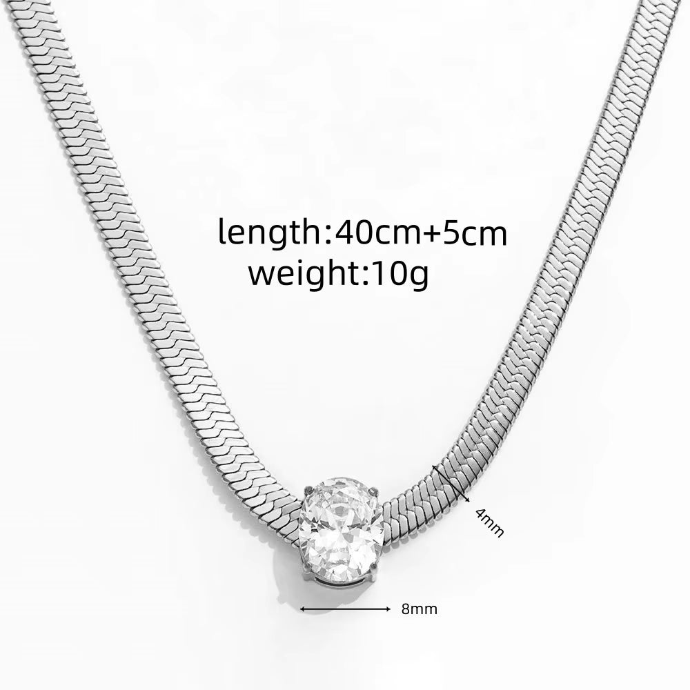 Joolim Jewelry 18K Gold Plated Waterproof Fashion Oval Zirconia Pendant Snake Bone Chain Necklace Stainless Steel Jewelry