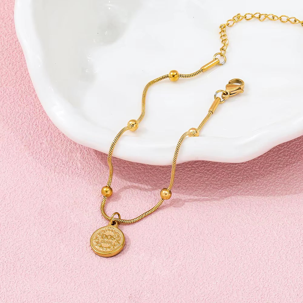 18K Gold Plated Figure Coin Charm Pendant Snake Chain Bracelet Stainless Steel Stylish Fashion Jewelry Wholesale