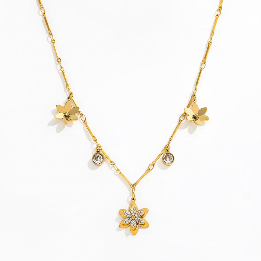 Joolim Jewelry 18K Gold Plated No Fade Luxury Fashion Three-Dimensional Flower Zirconia Pendant Necklace Stainless Steel Jewelry