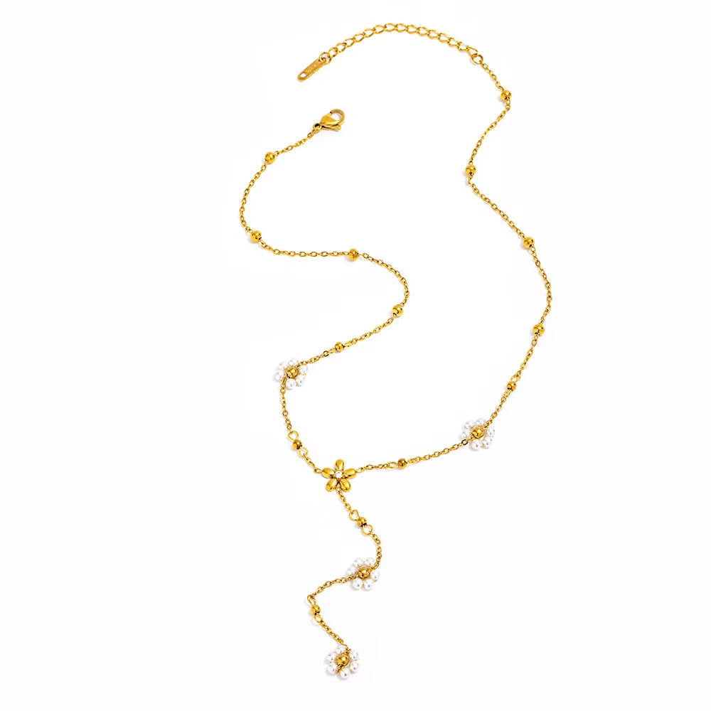 Joolim Jewelry 18K Gold Plated Waterproof Fashion Sweety Flower Pear Pendant Y-Shaped Necklace Stainless Steel Jewelry