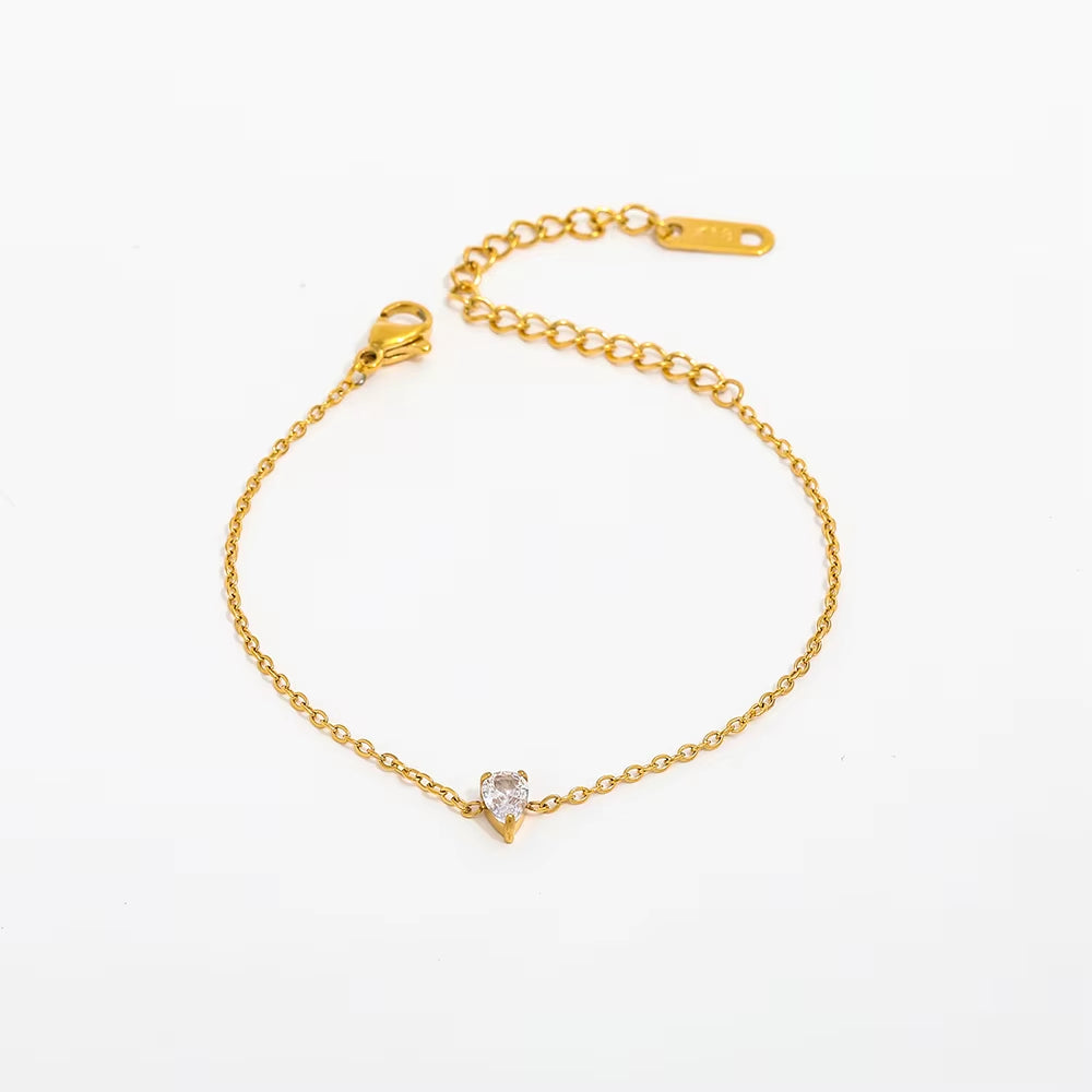18K PVD Gold Plated Waterproof Stainless Steel Tear Drop Rectangle Zirconia Bracelet for Women Wholesale Jewelry