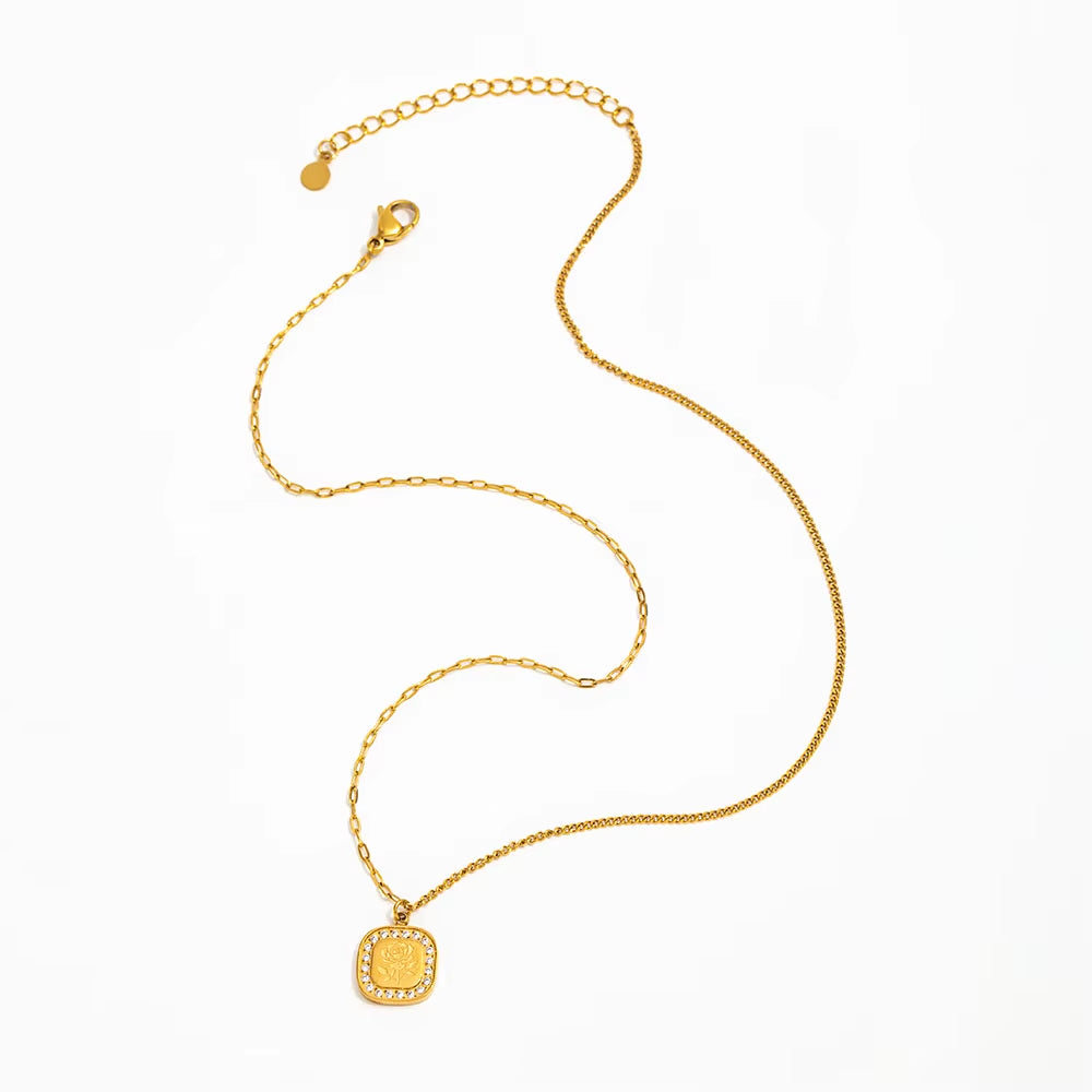 Joolim Jewelry 18K Gold Plated Waterproof Fashion Hand-Painted Rose Zirconia Square Pendant Necklace Stainless Steel Jewelry