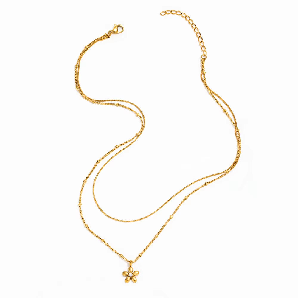 Joolim Jewelry 18K Gold Plated Fashion Double-Layer Beaded Chain Flower Zirconia Pendant Necklace Stainless Steel Jewelry