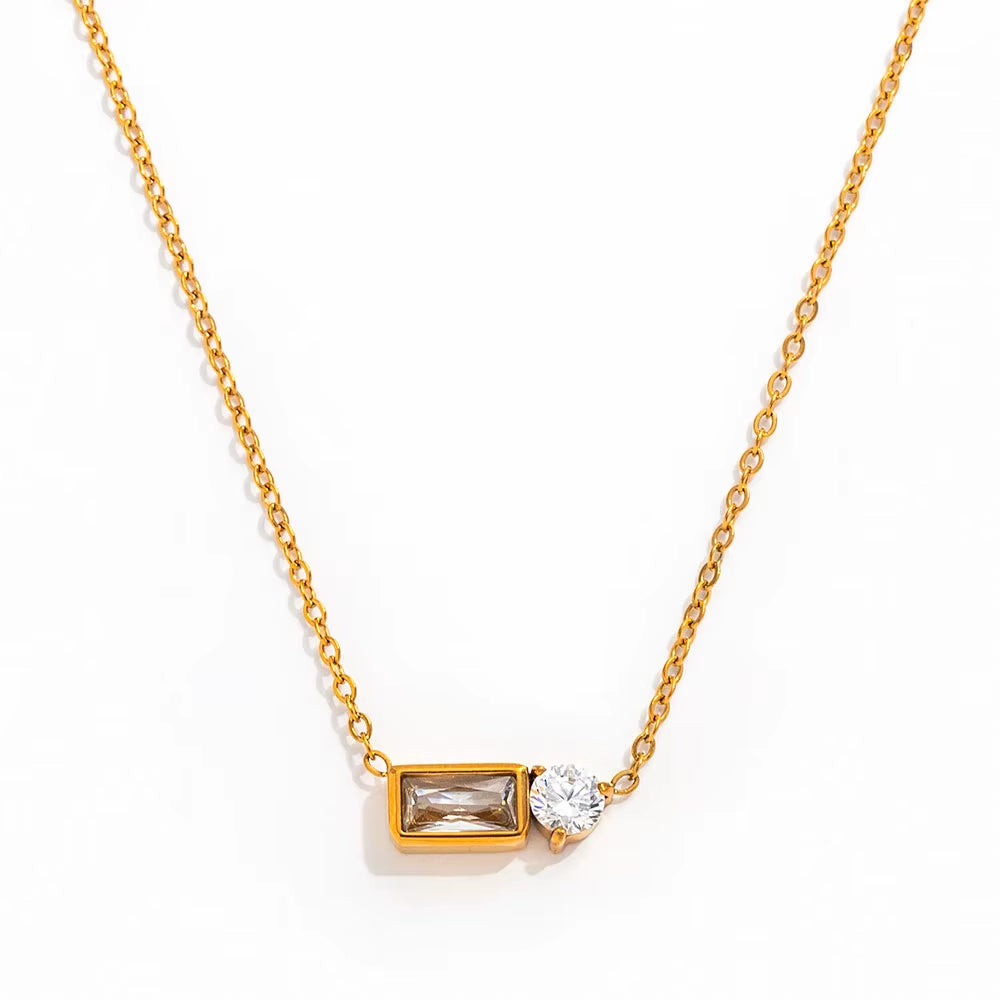 Joolim Jewelry 18K Gold Plated Waterproof Fashion Versatile Rectangle&Round Zirconia Pendant Necklace Stainless Steel Jewelry