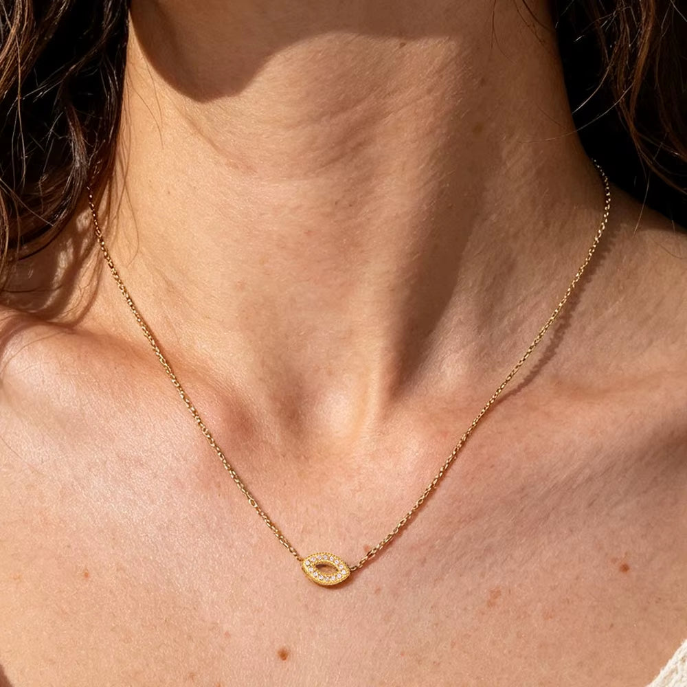 Joolim Jewelry 18K Gold Plated Waterproof Fashion Classic Simple Eye Zirconia Pendant Necklace Stainless Steel Jewelry