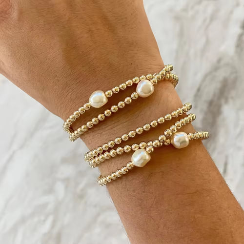 18K PVD Stainless Steel Gold Pearl Bead Bracelet Elastic Stainless Steel Gold Bracelet for Women