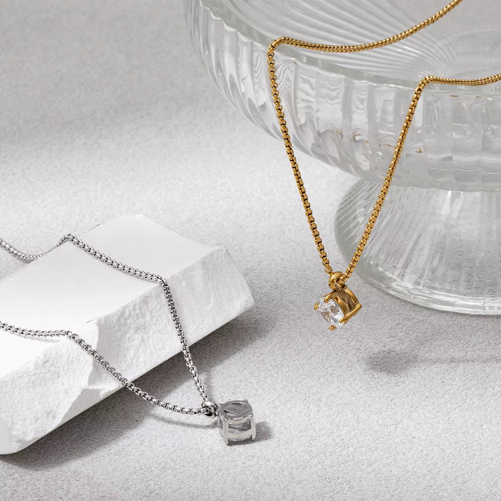 Joolim Jewelry 18K Gold Plated Waterproof Fashion Simple Classic round Zirconia Pendant Necklace Stainless Steel Jewelry