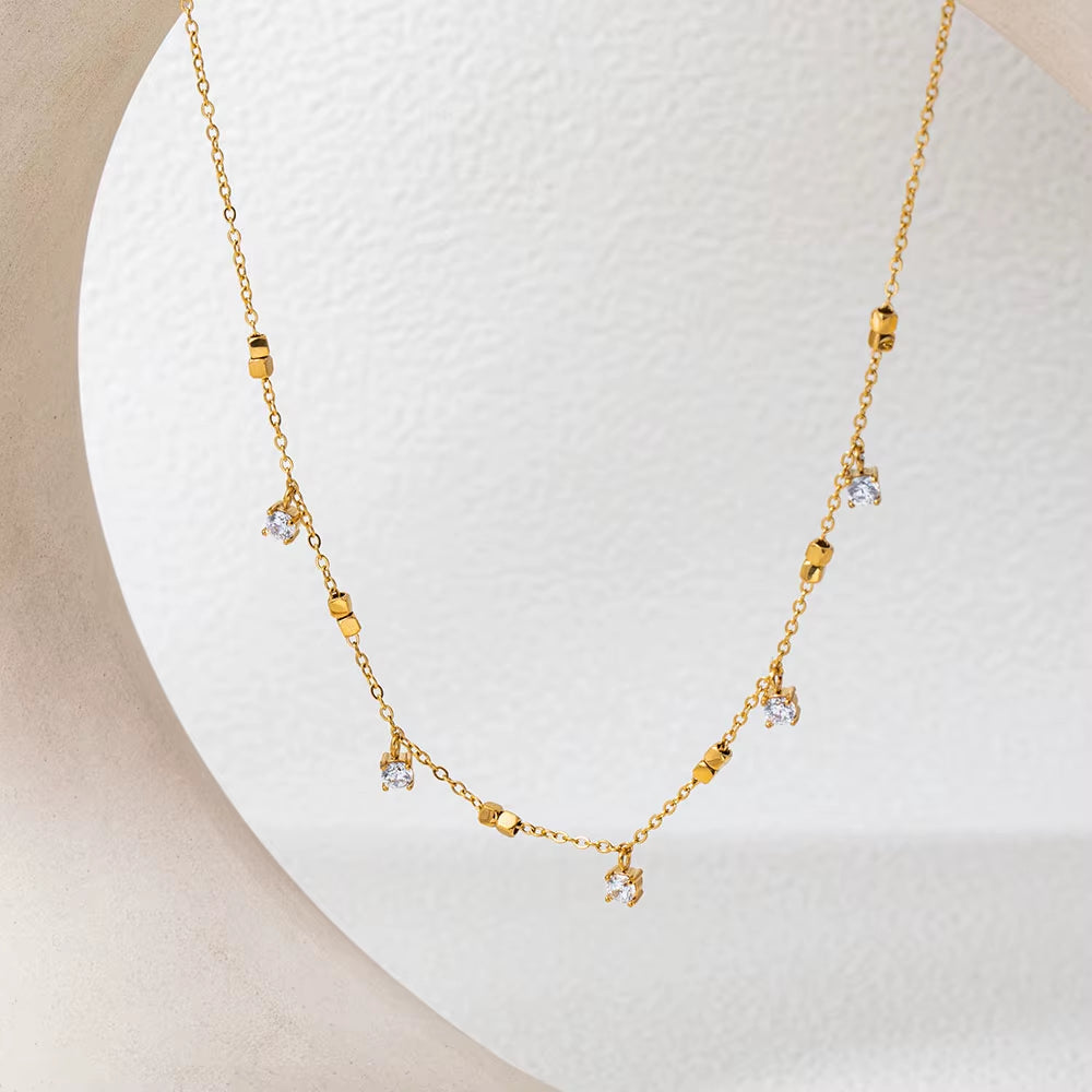 Joolim Jewelry 18K Gold Plated Waterproof Dainty Fashion Small Square Zirconia Claw Pendant Necklace Stainless Steel Jewelry