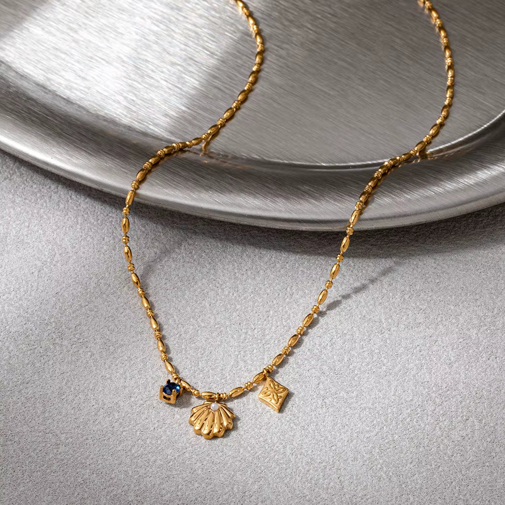 Joolim Jewelry 18K Gold Plated Waterproof Fashion Shell Pearl Blue Zirconia Rhombus Pendant Necklace Stainless Steel Jewelry