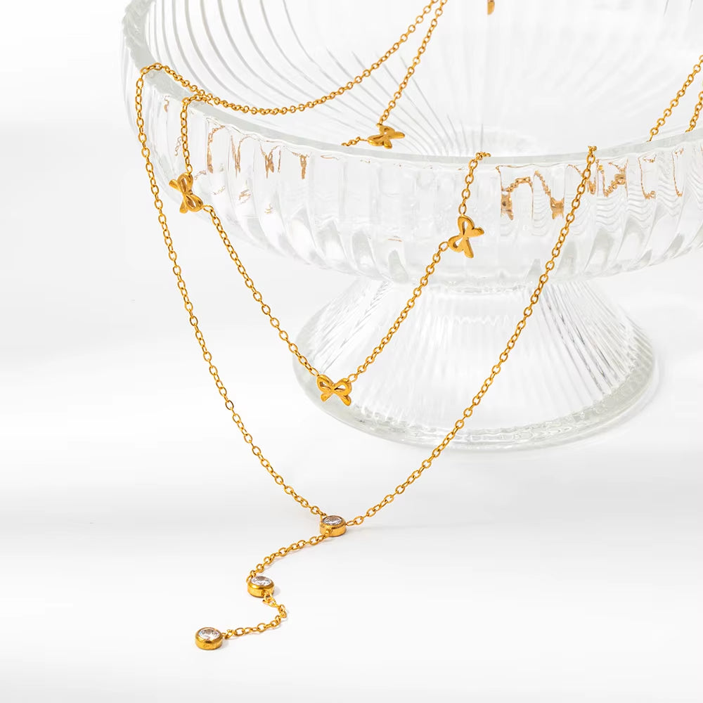 Joolim Jewelry 18K Gold Plated Waterproof Sweety Fashion Double-Layer Bow Zirconia Y-Shaped Necklace Stainless Steel Jewelry
