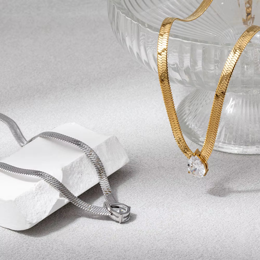 Joolim Jewelry 18K Gold Plated Waterproof Fashion Teardrop Pear Zirconia Pendant Snake Chain Necklace Stainless Steel Jewelry