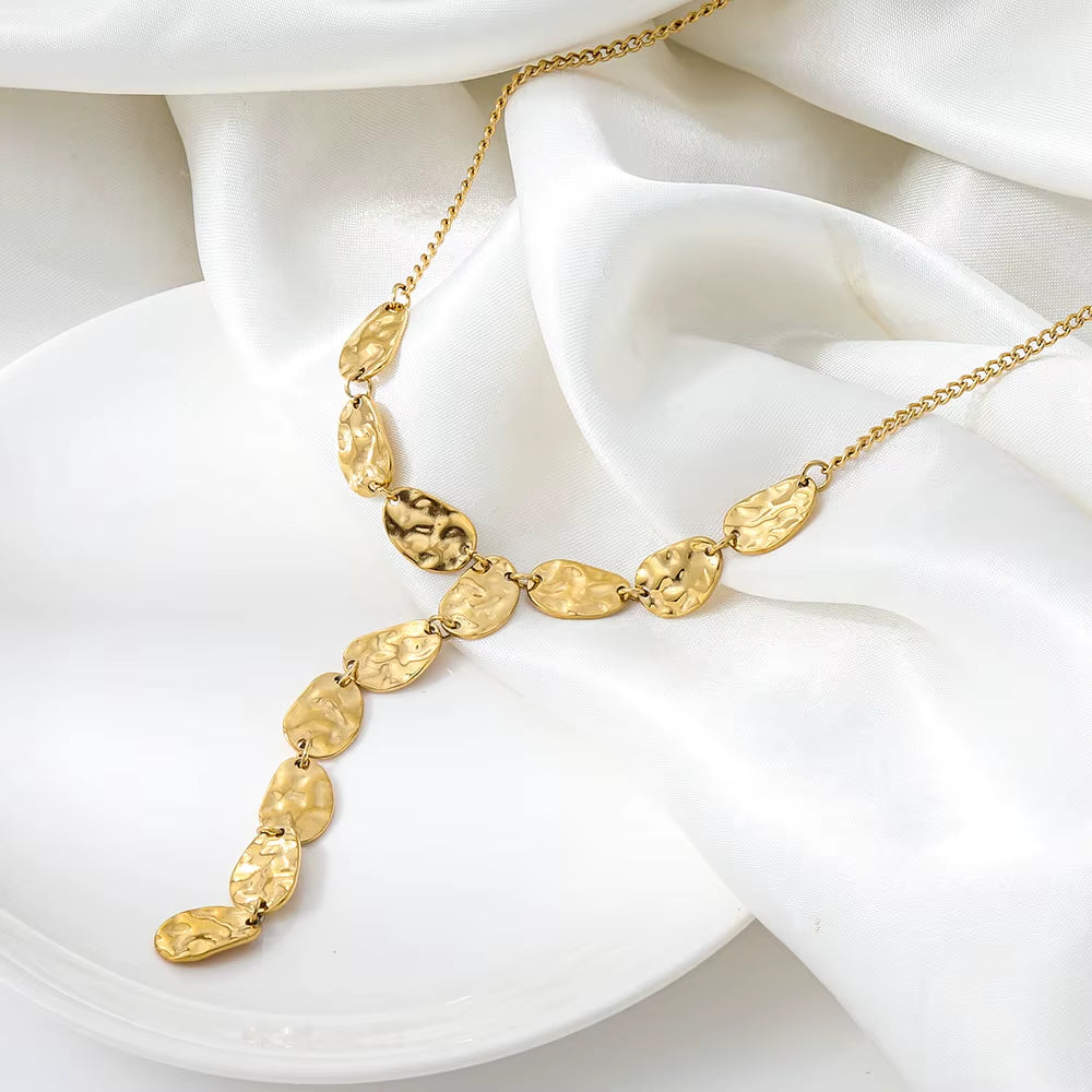 Joolim Jewelry PVD Plated Waterproof Fashion Hammered Metal Organic Shape Y Drop Pendant Necklace Stainless Steel Jewelry