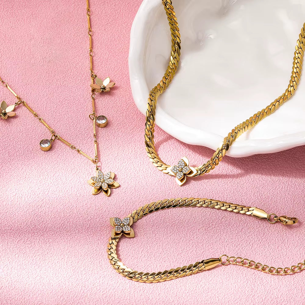 Joolim Jewelry 18K Gold Plated No Fade Luxury Fashion Three-Dimensional Flower Zirconia Pendant Necklace Stainless Steel Jewelry