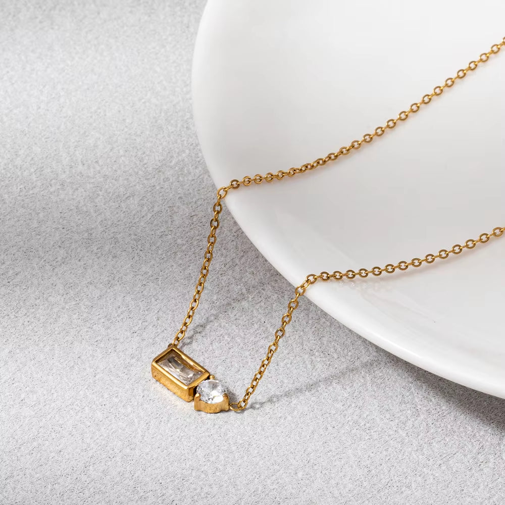 Joolim Jewelry 18K Gold Plated Waterproof Fashion Versatile Rectangle&Round Zirconia Pendant Necklace Stainless Steel Jewelry