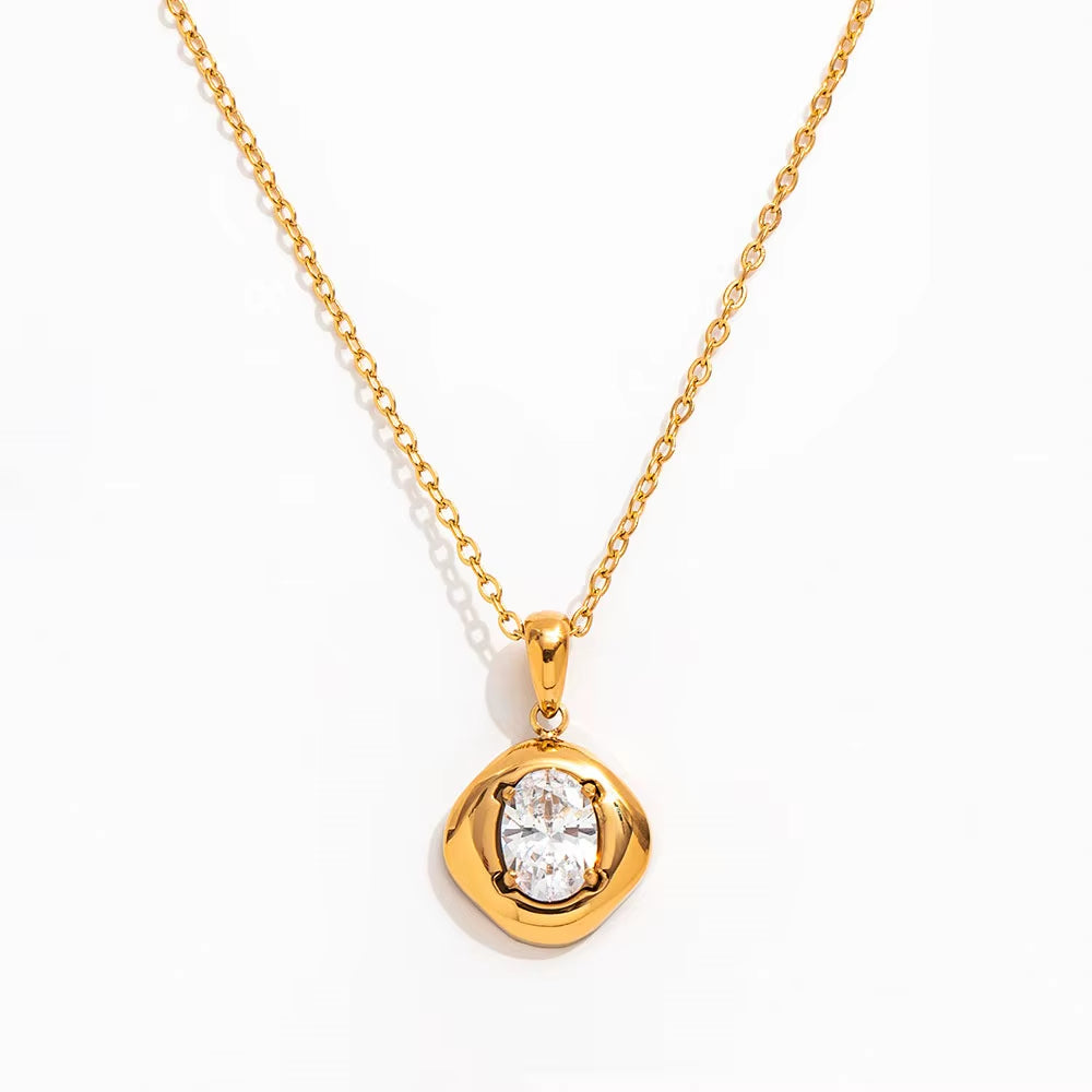 Joolim Jewelry 18K Gold Plated Waterproof Fashion Designer Dainty Oval Zirconia Pendant Necklace Stainless Steel Jewelry