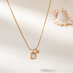 Joolim Jewelry 18K Gold Plated Vintage Rectangle Shell round Zirconia Pendant Snake Chain Necklace Stainless Steel Jewelry
