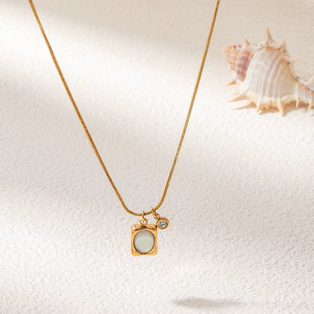 Joolim Jewelry 18K Gold Plated Vintage Rectangle Shell round Zirconia Pendant Snake Chain Necklace Stainless Steel Jewelry