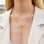 Joolim Jewelry 18K Gold Plated Waterproof Fashion Elegant Flower Zirconia Y-Shaped Chain Necklace Stainless Steel Jewelry