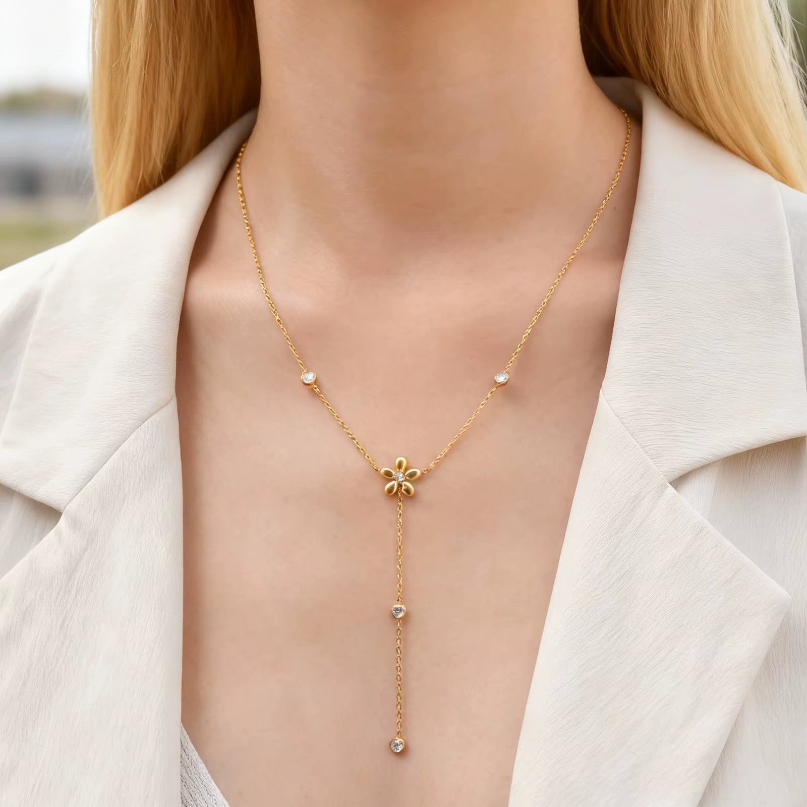 Joolim Jewelry 18K Gold Plated Waterproof Fashion Elegant Flower Zirconia Y-Shaped Chain Necklace Stainless Steel Jewelry