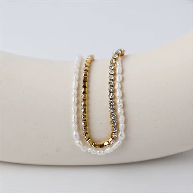 18K Gold Plated Luxury Real Fresh Pearl Zircon Bracelet Stainless Steel Jewelry Tarnish Free Jewelry