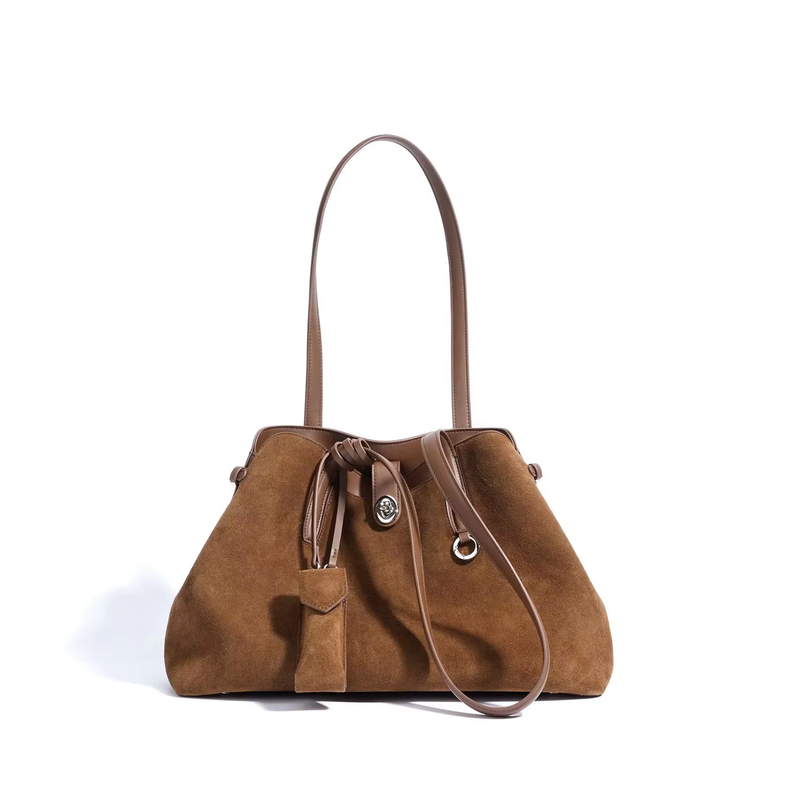 Women Vintage Suede Leather Extra Large Capacity Brown Tote Bag Tassel Accent Multiway Shoulder Crossbody Handbag