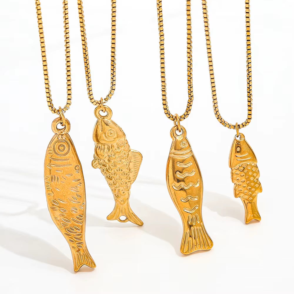 Joolim Jewelry PVD Plated Waterproof Fashion Minimalist Vintage Ocean Lucky Symbol Fish Pendant Necklace Stainless Steel Jewelry