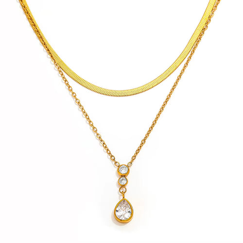 Joolim Jewelry 18K Gold Plated Waterproof Double Layer Teardrop Zirconia Pendant Snake Chain Necklace Stainless Steel Jewelry