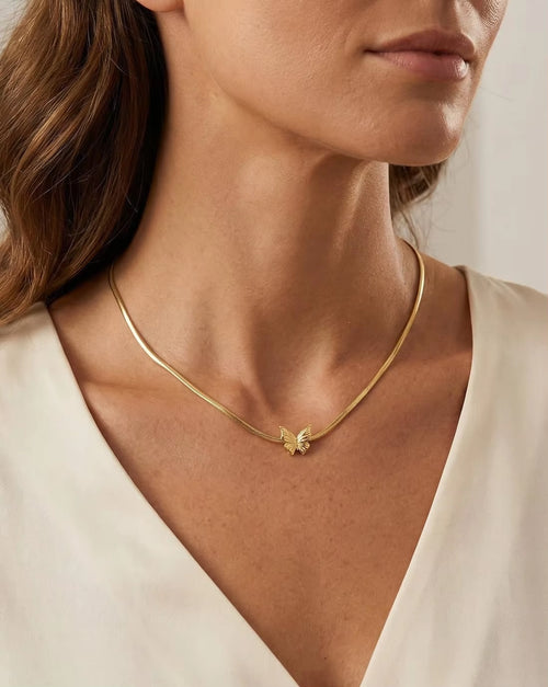Joolim Jewelry 18K Gold Plated Waterproof Fashion Elegant Butterfly Pendant Snake Chain Necklace Stainless Steel Jewelry