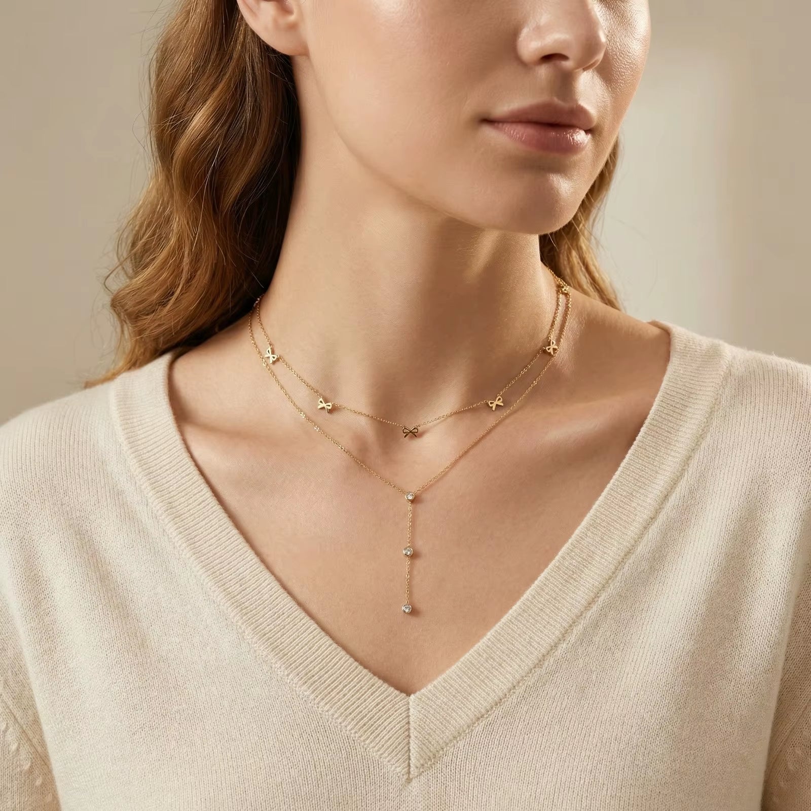 Joolim Jewelry 18K Gold Plated Waterproof Sweety Fashion Double-Layer Bow Zirconia Y-Shaped Necklace Stainless Steel Jewelry