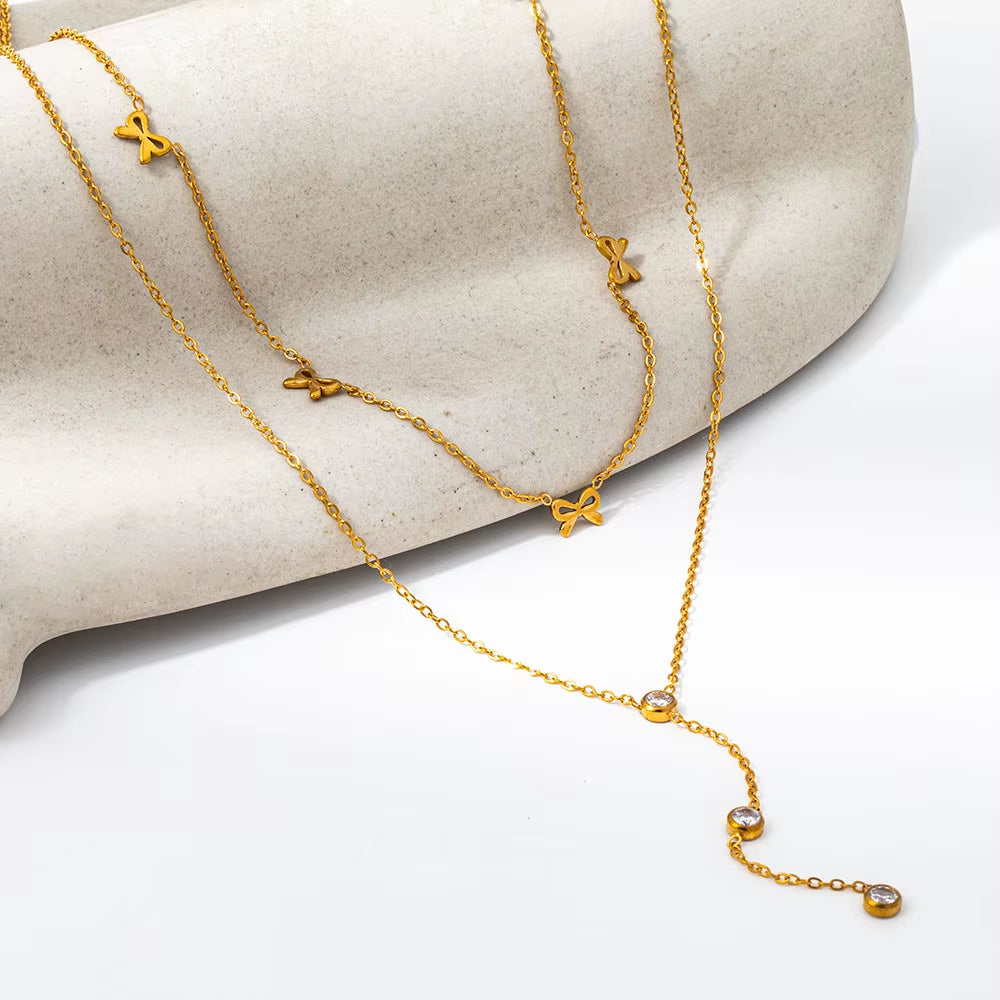 Joolim Jewelry 18K Gold Plated Waterproof Sweety Fashion Double-Layer Bow Zirconia Y-Shaped Necklace Stainless Steel Jewelry