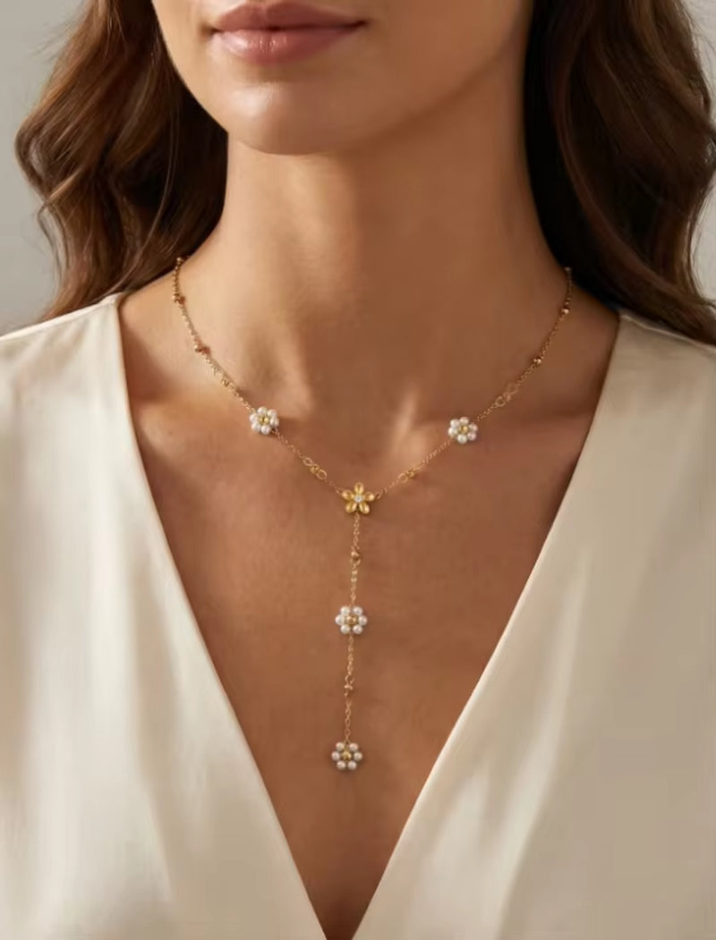 Joolim Jewelry 18K Gold Plated Waterproof Fashion Sweety Flower Pear Pendant Y-Shaped Necklace Stainless Steel Jewelry