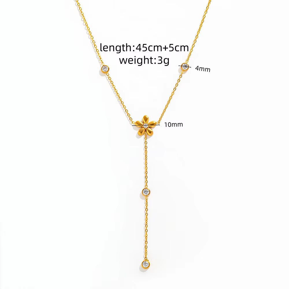Joolim Jewelry 18K Gold Plated Waterproof Fashion Elegant Flower Zirconia Y-Shaped Chain Necklace Stainless Steel Jewelry