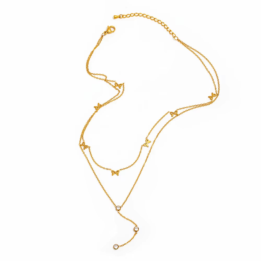 Joolim Jewelry 18K Gold Plated Waterproof Sweety Fashion Double-Layer Bow Zirconia Y-Shaped Necklace Stainless Steel Jewelry