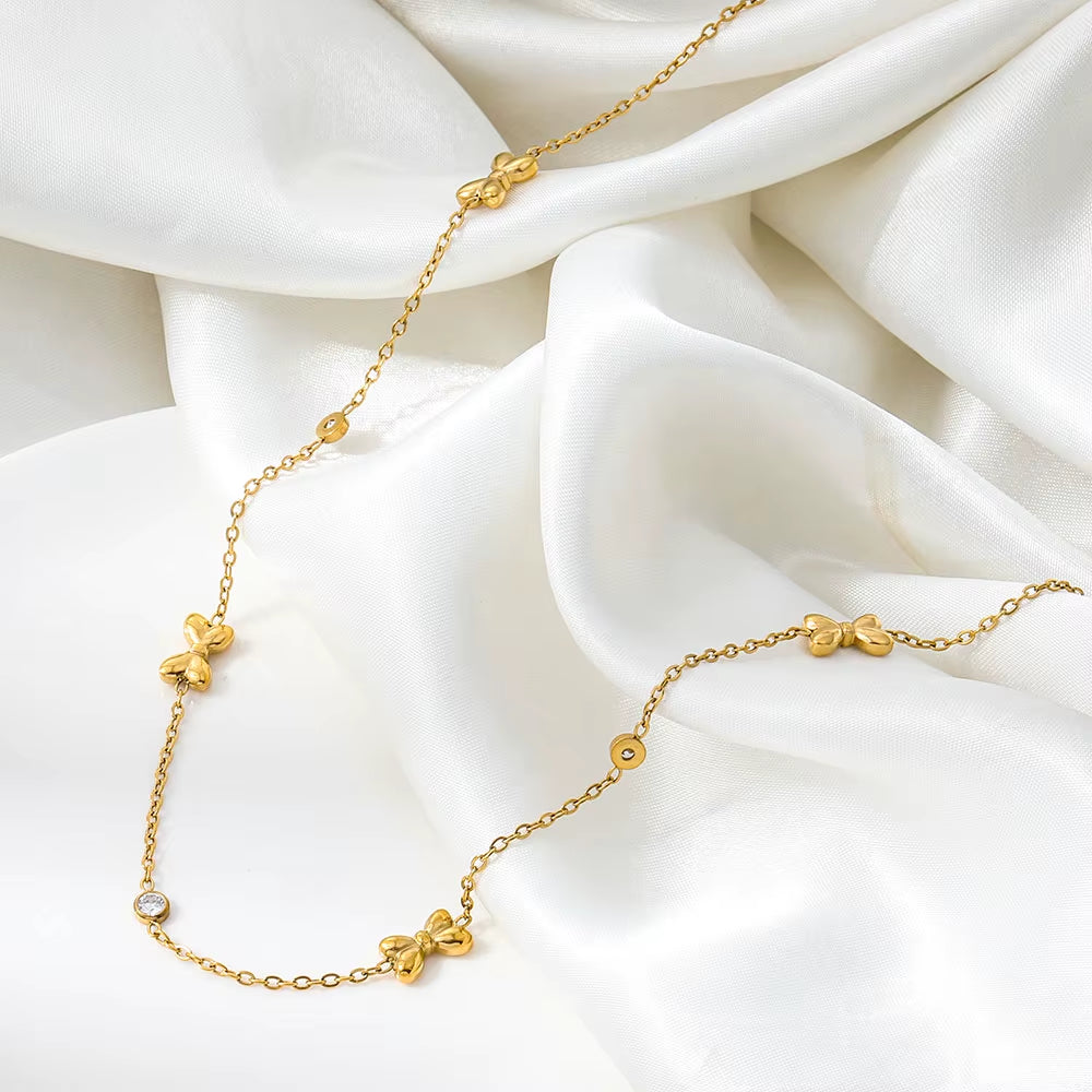 Joolim Jewelry 18K Gold Plated Waterproof Trendy Fashion Sweety Bow round Zirconia Pave Pendant Necklace Stainless Steel Jewelry