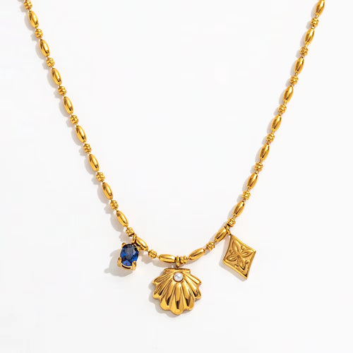 Joolim Jewelry 18K Gold Plated Waterproof Fashion Shell Pearl Blue Zirconia Rhombus Pendant Necklace Stainless Steel Jewelry