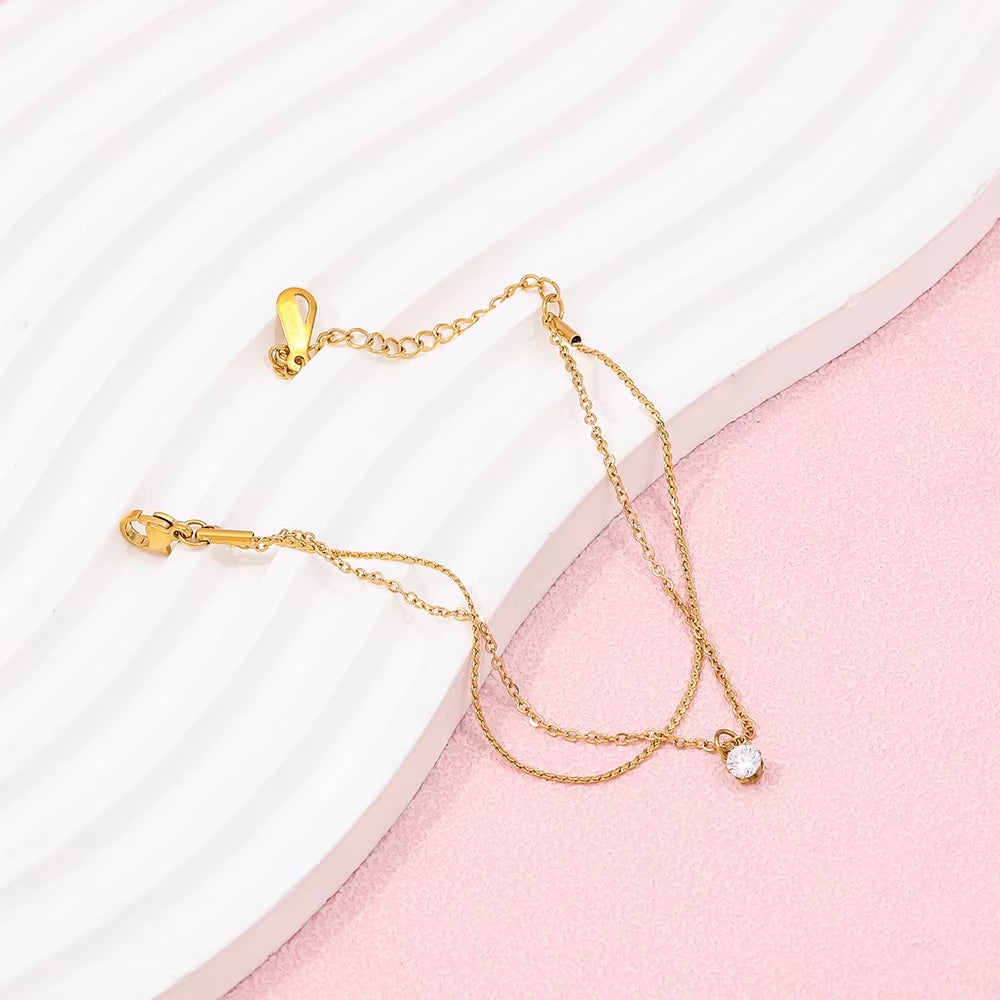 High End Gold Plated Stainless Steel CZ Double-Layer Bracelet for Women Wholesale Jewelry