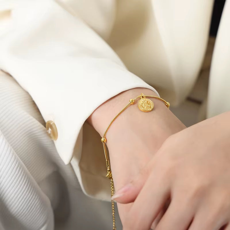 18K Gold Plated Figure Coin Charm Pendant Snake Chain Bracelet Stainless Steel Stylish Fashion Jewelry Wholesale